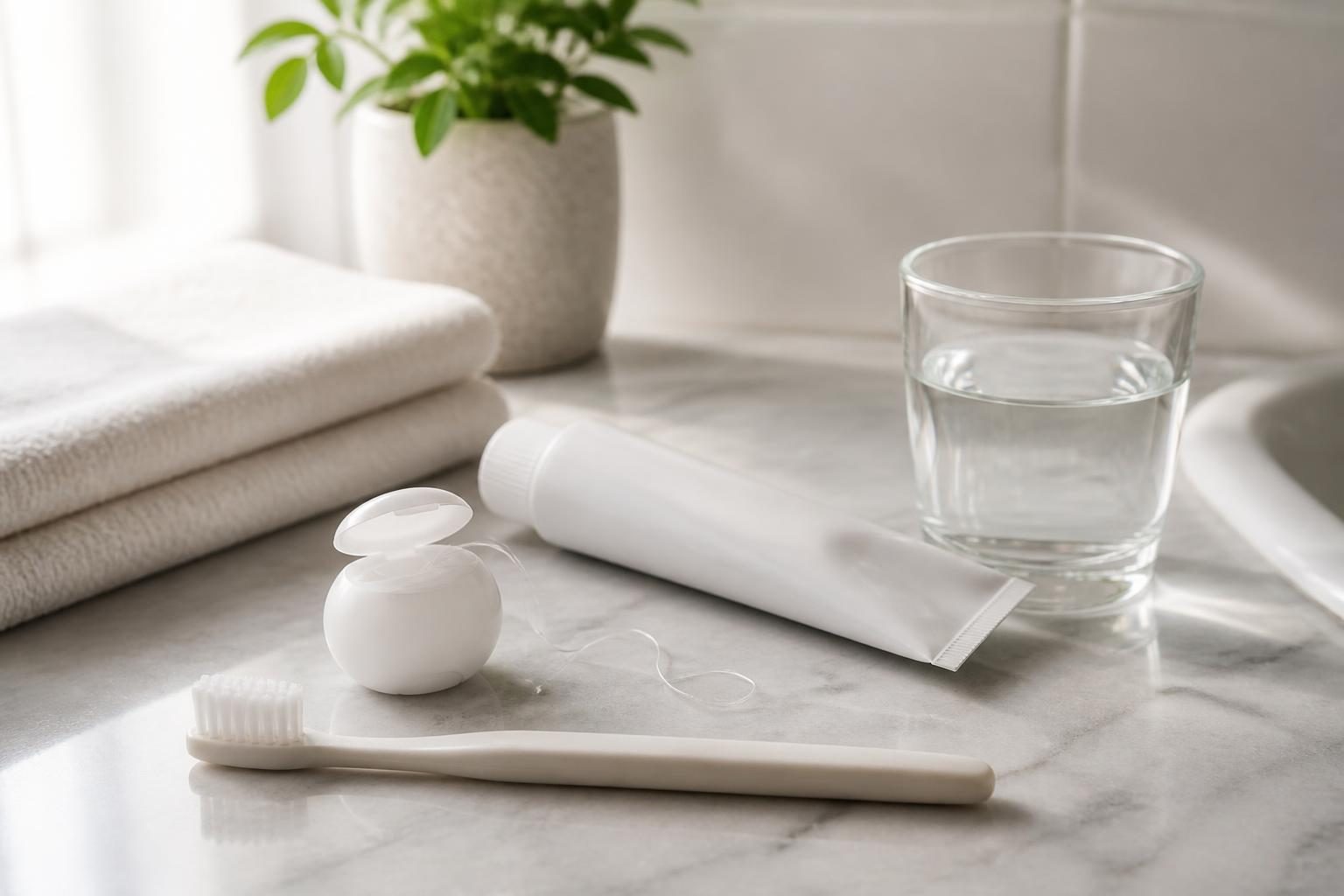 Bàn chải lông mềm, kem đánh răng và cốc nước, vệ sinh răng miệng nhẹ nhàng sau khi hàn răng sâu - ảnh minh hoạ