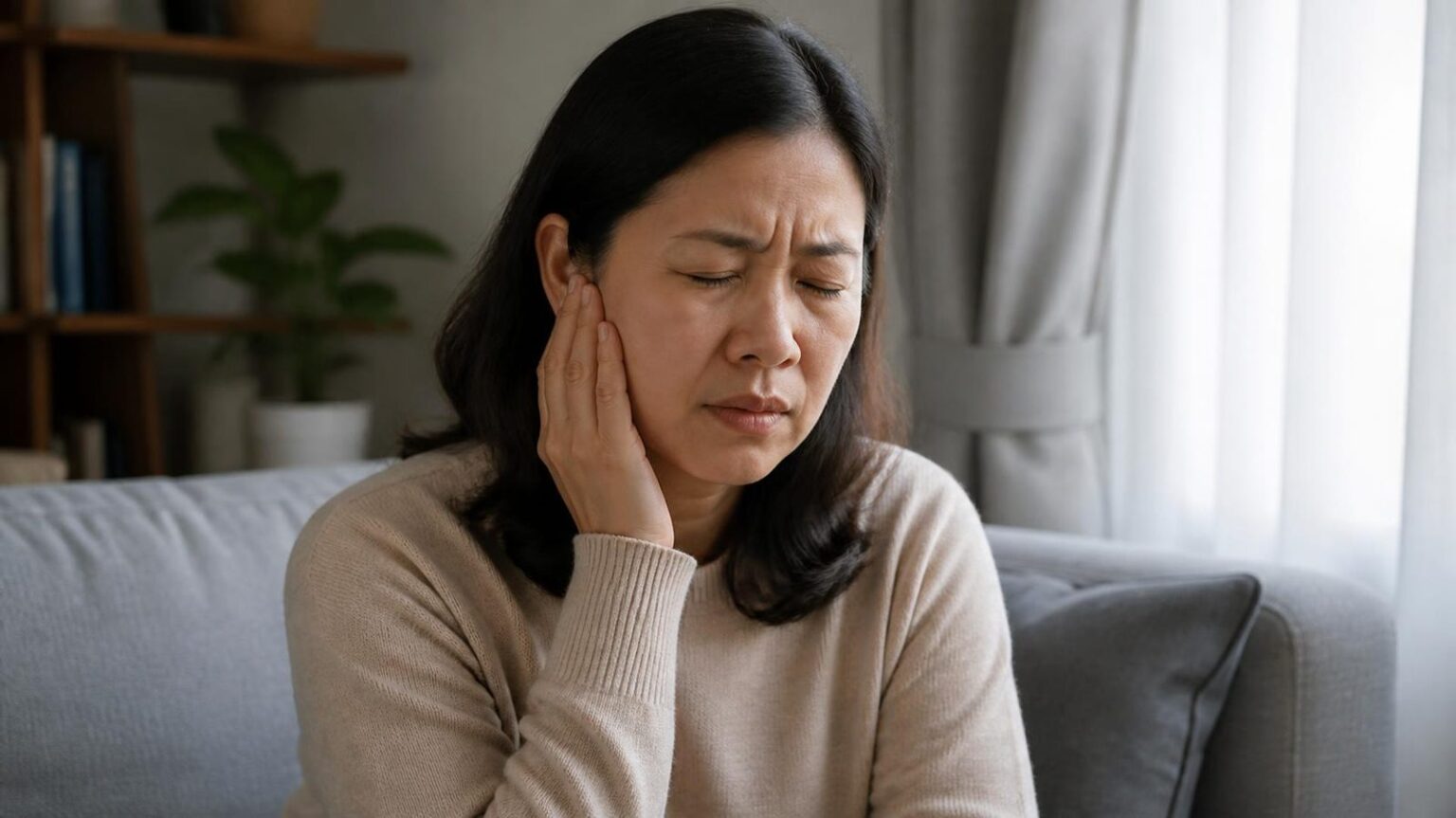 Người phụ nữ trung niên ôm vùng trước tai vì đau, viêm khớp thái dương hàm - ảnh minh hoạ Nha khoa Bác sĩ Trung Long Biên