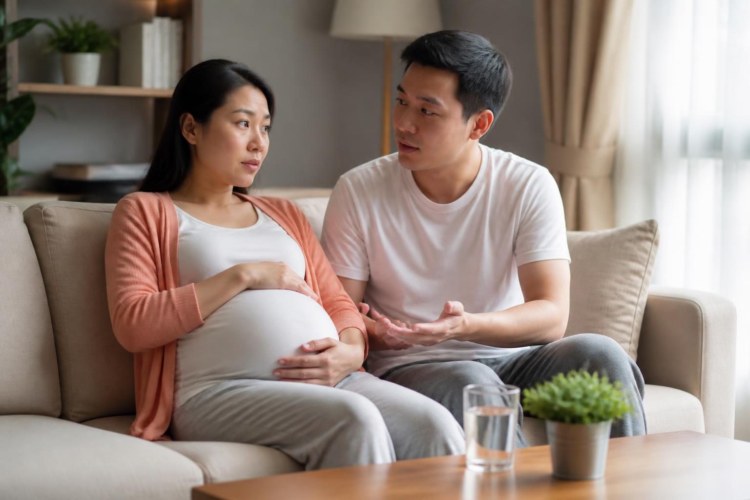 Vợ chồng ngồi trên ghế sofa bàn bạc có nên niềng răng khi mang thai không - ảnh minh hoạ