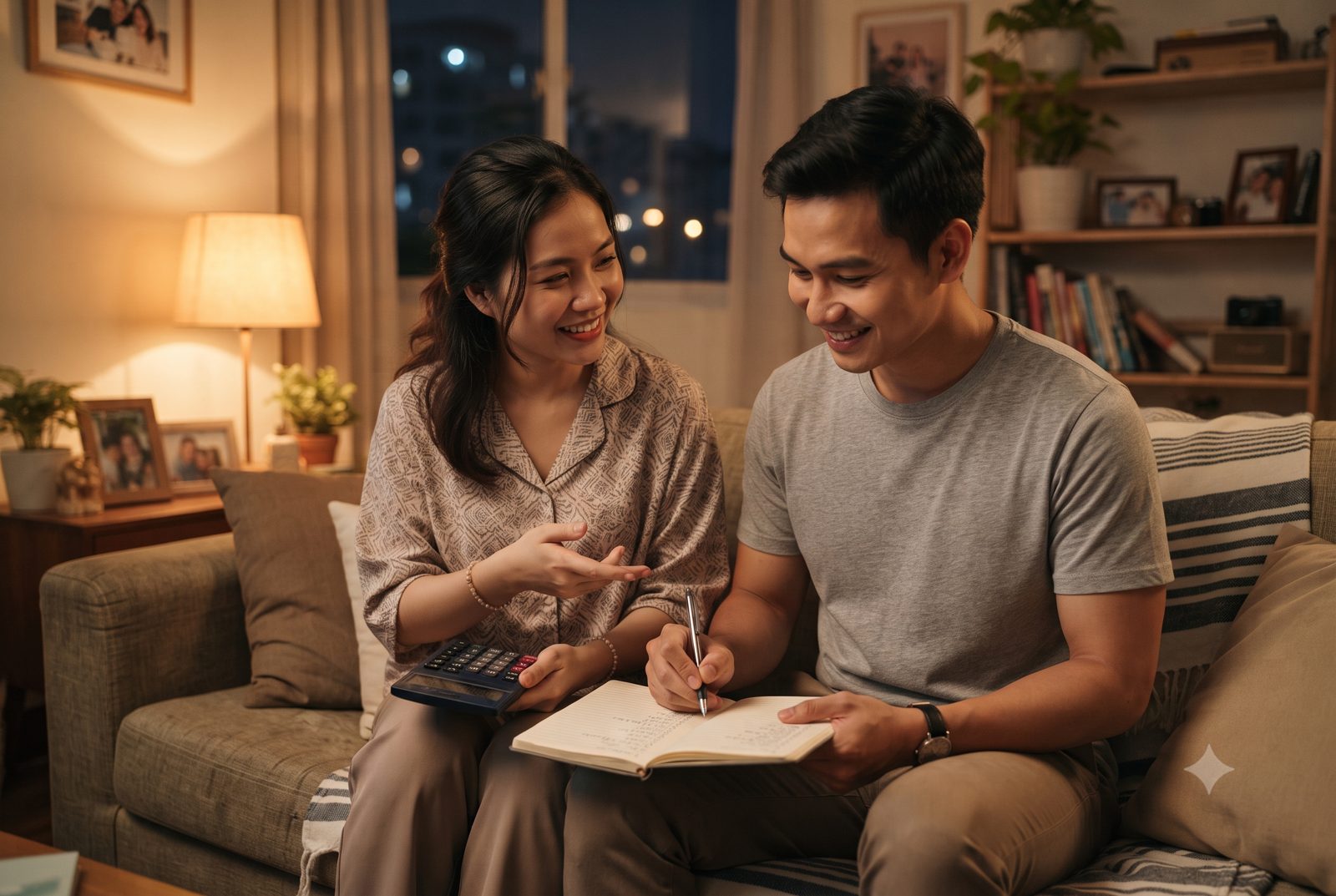 Đôi vợ chồng trẻ ngồi tính toán, ghi chép chi phí niềng răng - ảnh minh hoạ chi phí niềng răng mắc cài