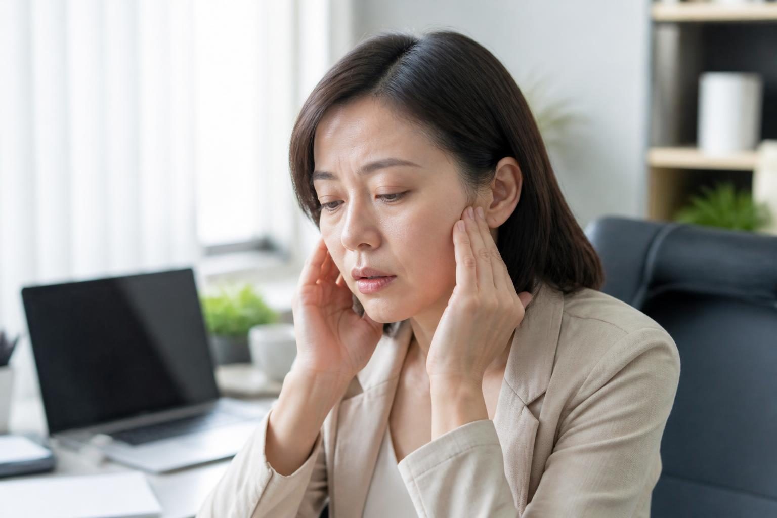 Người phụ nữ ngồi bàn làm việc xoa hai bên khớp hàm vì mỏi hàm - ảnh minh hoạ dấu hiệu cần đi khám sau khi làm răng sứ